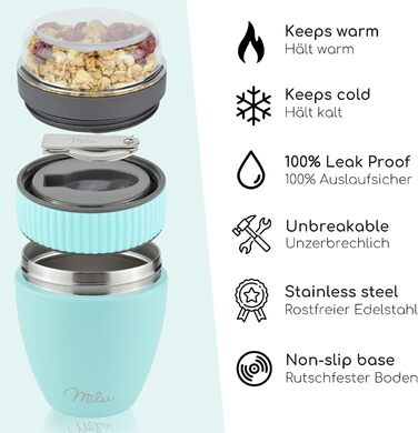 Стаканчик для пластівців Milu на винос 400 мл з назвою MsliMax для йогурту герметичний стаканчик з ложкою (бірюзовий, нержавіюча сталь)