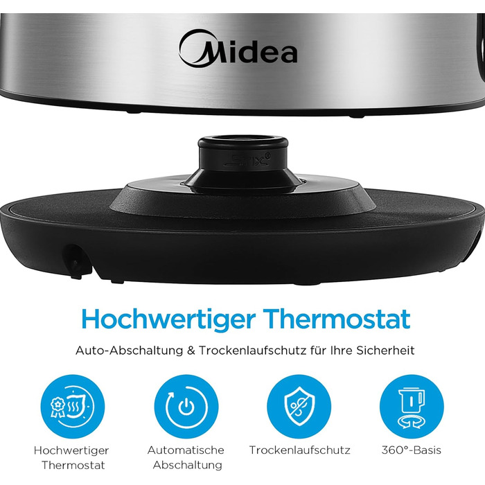 Чайник Midea из нержавеющей стали с настройкой температуры, 1,5 литра, 2200 Вт, чайник белый, чайник с индикацией температуры и функциями безопасности, без бисфенола А (без настройки температуры)