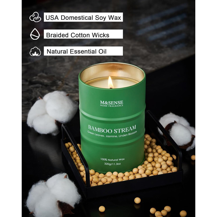 Ароматичні свічки M&SENSE з натурального соєвого воску, натуральна соєва свічка для домашнього декору, тривале горіння до 70 годин, класні подарунки-свічки для чоловіків і жінок (320 г, бамбуковий потік)