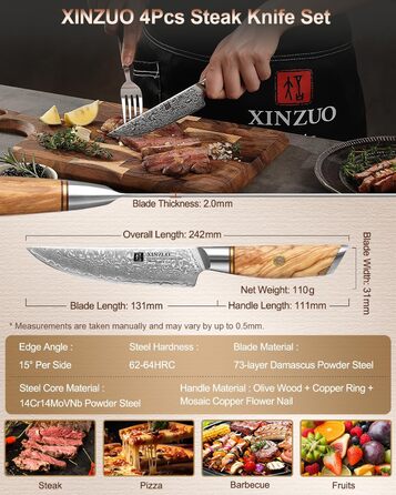 Набор из 4 ножей для стейка из дамасской стали 13 см с деревянным блоком XINZUO
