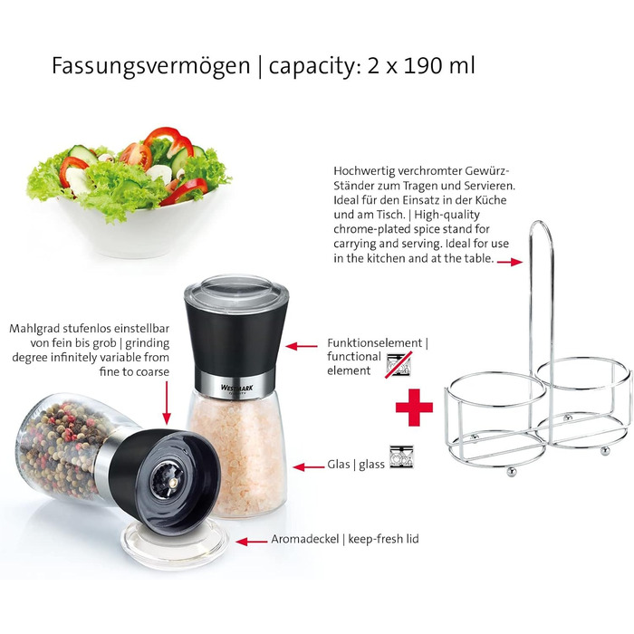 Дисплей Westmark, Вміст 6 дозаторів, Ємність 190 мл кожен, Скло/нержавіюча сталь/пластик, Прозорий/Чорний/Сріблястий, 63592611 (кружний, , Прозорий/Чорний/Сріблястий)