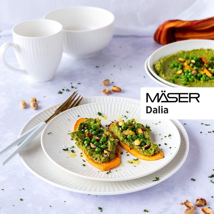 Обідній сервіз на 6 осіб з високоякісної готельної порцеляни білого кольору, набір тарілок з 12 предметів у вінтажному дизайні, міцна порцеляна (набір для сніданку 18 шт.), 931461 Dalia