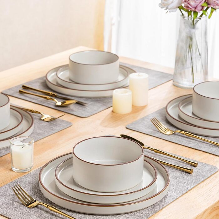 Набір посуду LeRatio для 6 осіб, 18-предметний набір керамічного посуду, керамічна миска та тарілка, стійкі до подряпин (18 предметів, перлинно-біло-коричневий обідок)