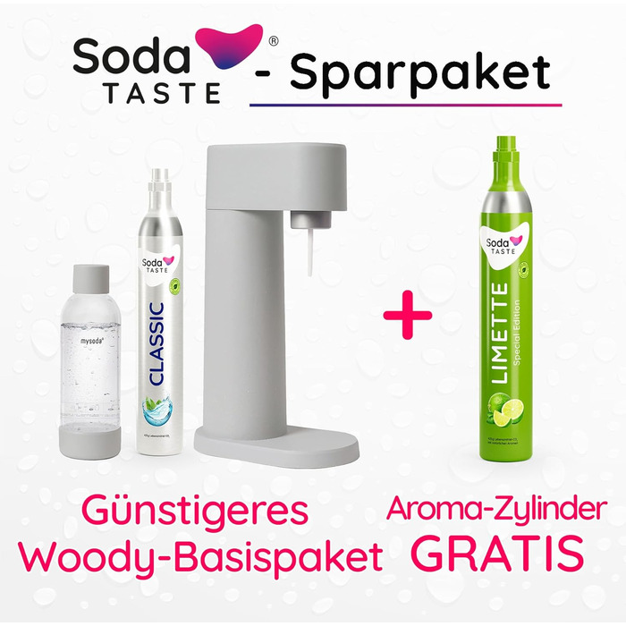 Набір для газування води, 4 предмети, класик + лайм, сірий Mysoda Woody SodaTASTE