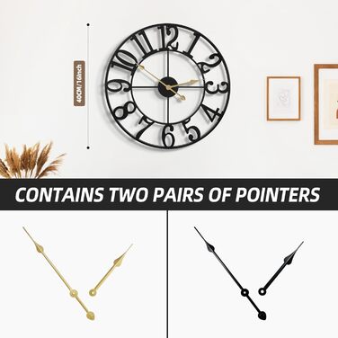 Великий круглий металевий настінний годинник у вінтажному стилі, безшумний, не цокаючий, працює від батареї, 40 см, 16 дюймів, римські цифри, годинники для вітальні, спальні, кухні, настінний годинник-прикраса (чорні арабські цифри, 40 см)