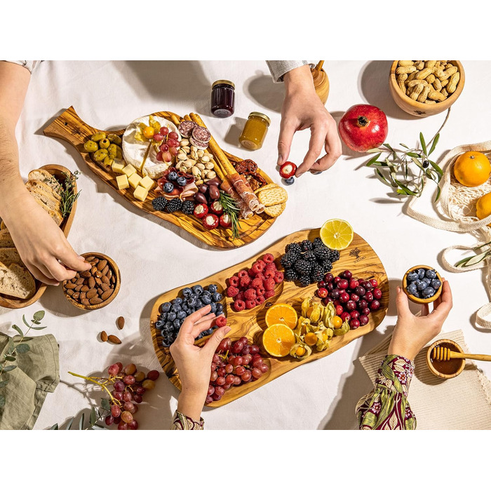 Дошка для стейків з оливкового дерева, дошка з оливкового дерева Обробна дошка, дерев'яна дошка, дошка для сервірування, дошка для сніданку, сирна дошка сільська довжиною приблизно від 40 до 43 см, товщиною приблизно 2 см (40-43 см, набір з 2 рустикальних