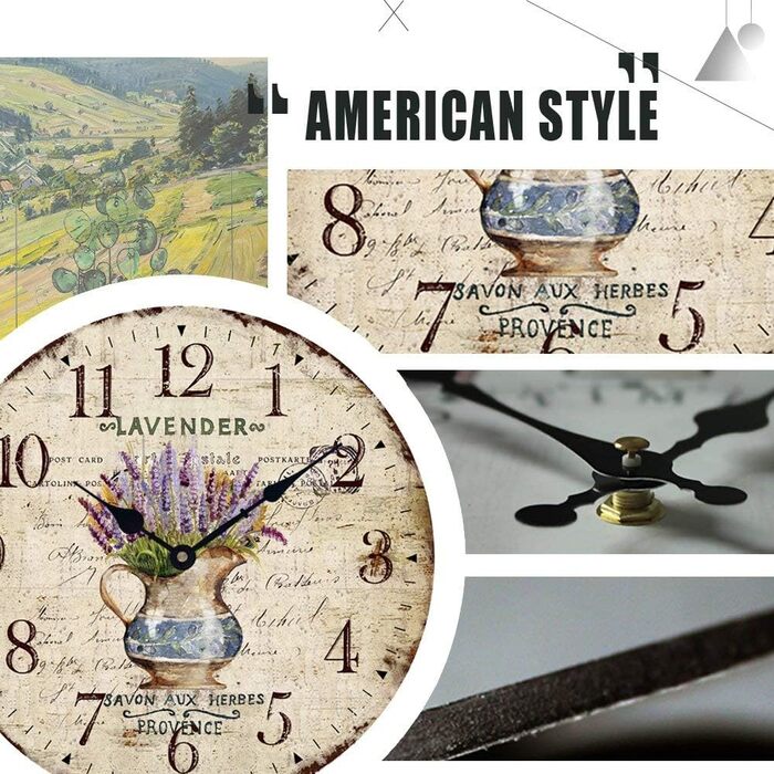 Настінний кухонний годинник YOAI, вінтажний шаббі-шик, антикварний, ностальгічний, сільський, кварцовий годинник з МДФ з безшумним механізмом, 12 дюймів/30 см Ø (лаванда в горщику)