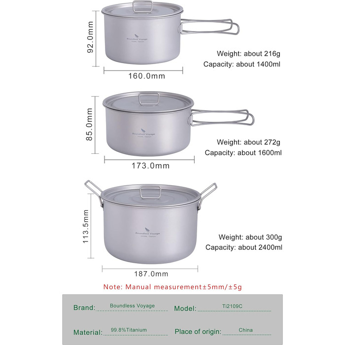 Відкритий титановий посуд 1,4 л 1,6 л 2,4 л Горщик для соусу Голландський горщик для 1-3 осіб Легкий портативний туристичний горщик Набір для приготування їжі Туристичне обладнання (1,4 л, 1,6 л і 2,4 л каструля для соусу -Ti2109C)