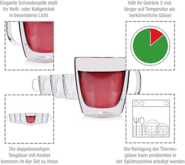 Співачка Келихи з подвійними стінками, набір склянок із 6 предметів, з подвійними стінками, термосклянки Кава 330 мл без ручки (чайні склянки)