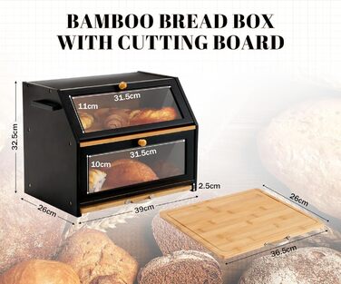 Хлібниця з обробною дошкою з бамбука чорна 39 x 26 x 32,5 см YOUDENOVA