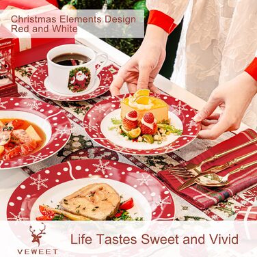 Серія 30-предметний порцеляновий різдвяний набір посуду на 6 осіб, різдвяний кавовий сервіз на 6 обідніх тарілок, 6 десертних тарілок, 6 супових тарілок, 6 кавових чашок та 6 блюдець (Санта Клаус-1, обідній сервіз на 30 предметів)