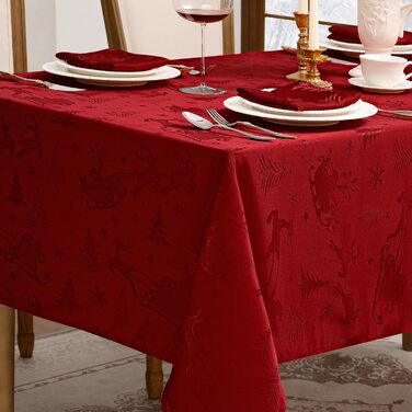 Маленька різдвяна скатертина Romanstile, яку можна прати та вона водовідштовхувальна, жакардові олені та ялинка, квадратна скатертина для журнального столика, святкова, подарункова (140 x 180 см, червона)