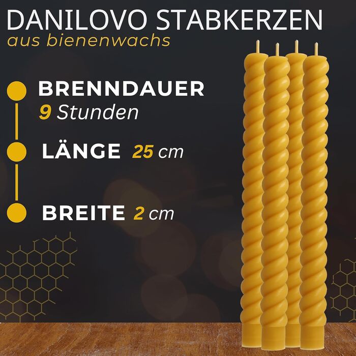 Набір з 4 конічних спіральних свічок 2 х 25 см з бджолиного воску, жовтий Danilovo