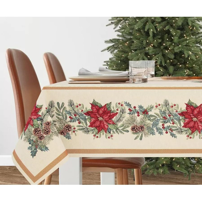 Різдвяна гобеленова скатертина Home of Christmas Скатертина на Різдво та Новий рік (Пуансетія з шишками (блискуча), 140x180 см)