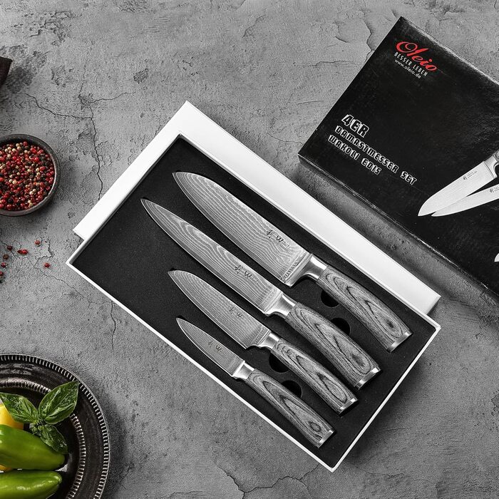 Набір ножів з дамаської сталі Wakoli Edib з 4 предметів, гострі леза від 8 до 18 см, набір кухонних ножів преміум-класу з 67 шарів дамаської сталі з ручками з дерева пакка, набір кухонних ножів преміум-класу з дамаської сталі та професійний шеф-кухарський