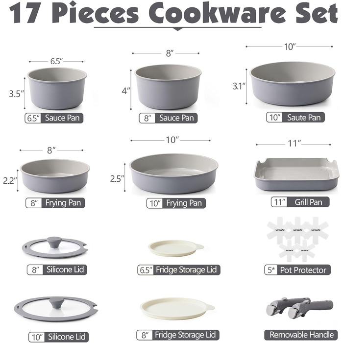 Набір кухонного посуду, 17 предметів, сірий Sensarte