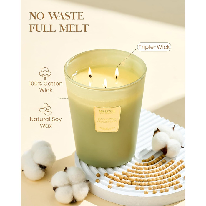 Ароматична свічка M&SENSE надзвичайно велика, час горіння 150 годин, натуральна ароматерапевтична свічка з 3 гнітами, сильний аромат, тривале горіння, подарункова свічка та прикраса для дому, подарунки для жінок (990 г, евкаліпт та кедр)