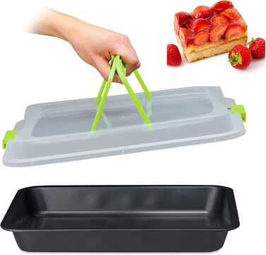 Деко для випікання з кришкою Relaxdays, ящик для транспортування тортів 3-в-1, ШxГ 40,5x32,5 см, високий бортик, прямокутне деко для тортів, (зелене)