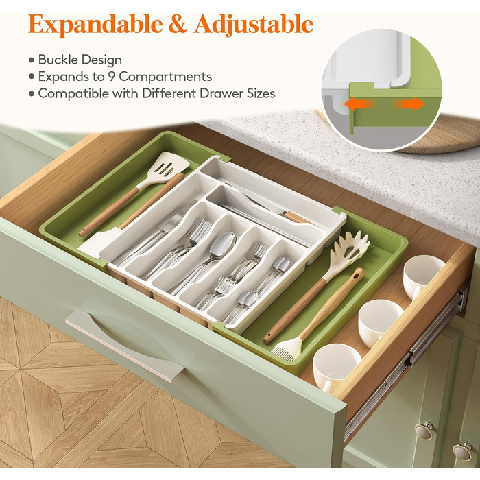 Органайзер для столових приборів 57 х 38 см для шухляд, 9 відділень, зелений і білий Lifewit