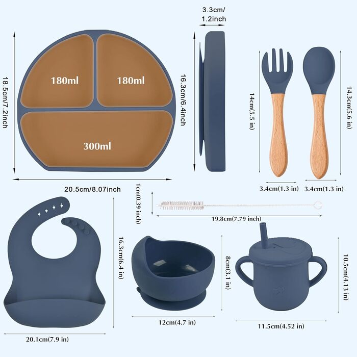 Набір дитячого столового посуду 5 предметів Силіконовий набір дитячого столового посуду Нековзна дитяча тарілка з присоскою Миска Нагрудник Ложка Виделка Набір дитячого харчування для маленьких дівчаток без бісфенолу А, (темно-синій)