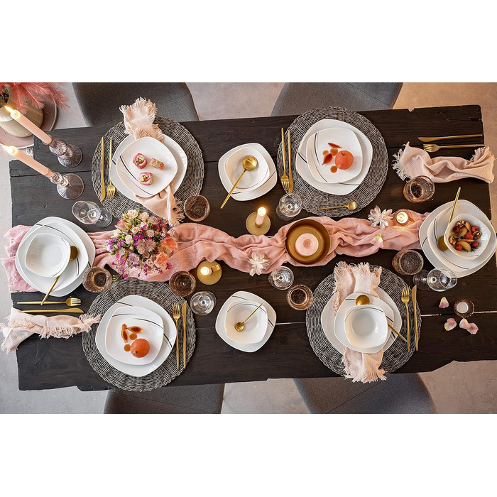 СПІВАЧКА Порцеляновий столовий сервіз Bilgola Black Lines, набір посуду з 18 предметів на 6 персон, набір тарілок, квадратний столовий сервіз 18 шт.