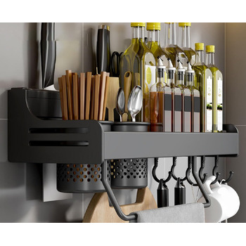 Підвісна підставка для спецій з металу, міцна кухонна полиця, настінна підставка для спецій, органайзер для спецій, кухонний органайзер, підставка для спецій з тримачем для рушників, Daojai, гачки та тримач для столових приборів, сіра, (40 см, чорна)