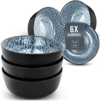 Набір посуду з керамограніту 6 персон Ibiza 24 шт. - Середземноморський набір посуду, посудомийна машина, мікрохвильова піч і захист від подряпин - Набір мисок і тарілок - Посуд Pure Living Black в димчасто-блакитному кольорі (миски (6x))