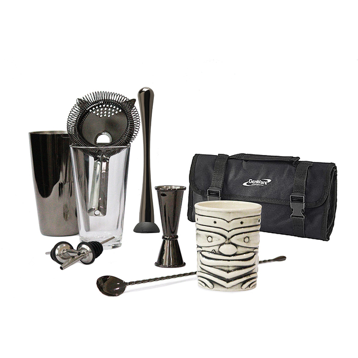 Набір бармена з сумкою, 9 предметів, чорний метал, GenWare + ПОДАРУНОК келих TIKI