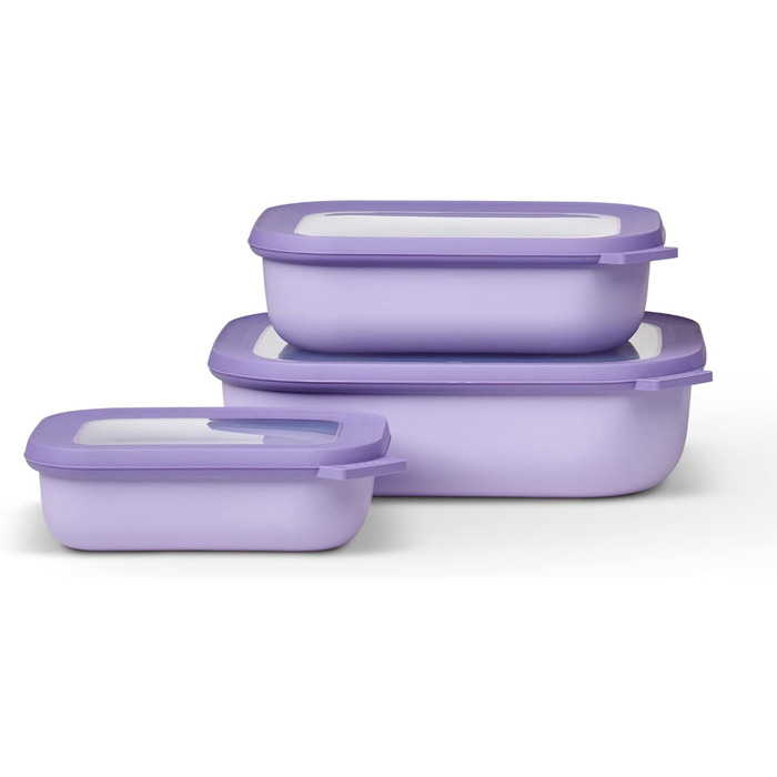 Прямокутний набір Cirqula з 3 предметів з кількома чашами - Банки для зберігання з кришкою - Підходить як ящик для зберігання, холодильник, морозильна камера та посуд для мікрохвильової печі - 750, 1500 і 3000 мл - (Яскравий бузок, набір 3 шт. и (500, 100