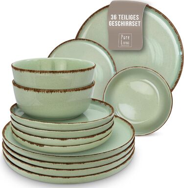 Набір посуду з керамограніту 6 персон Рустик 24 шт. - Набір посуду в сільському стилі, можна мити в посудомийній машині - Набір мисок і тарілок - Чистий живий посуд (набір 36 предметів, м'ятно-зелений)