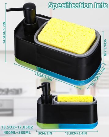 Кухонний набір з дозатором рідини для миття посуду, кухонний дозатор для мила з лотком і тримачем для губки, засіб для миття багаторазового використання, підходить для кухонної мийки (дозатор для мила 3 в 1 чорний)