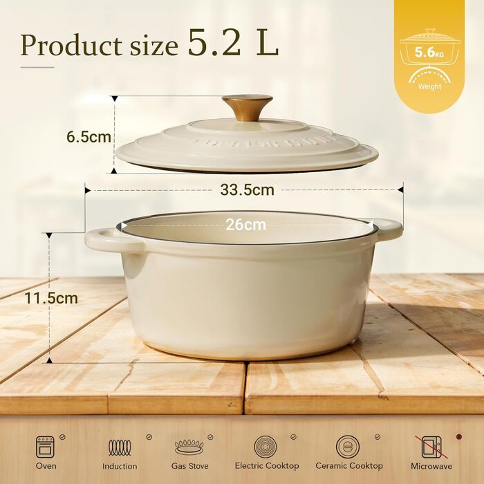 Чавунна форма, емальована 26 см, 5.2 л кремовий, білий OVERMONT