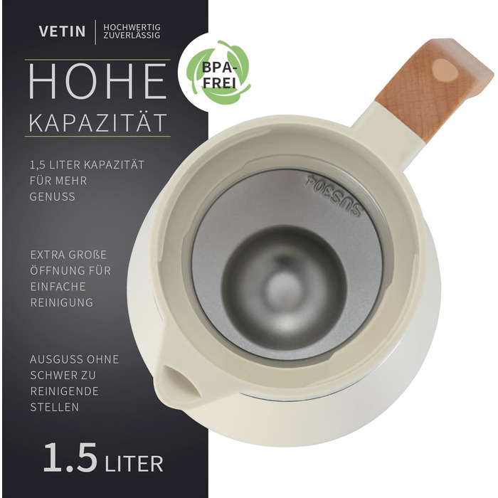 Термоглечик з чайним фільтром 1,5 л, кремовий VETIN