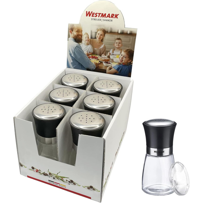 Дисплей Westmark, Вміст 6 дозаторів, Ємність 190 мл кожен, Скло/нержавіюча сталь/пластик, Прозорий/Чорний/Сріблястий, 63592611 (Шейкери для спецій, вишукані, 6 шт. , прозорі/чорні/сріблясті)