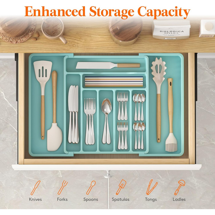 Органайзер для столових приборів 57 х 38 см для шухляд, 9 відділень, бірюзовий Lifewit