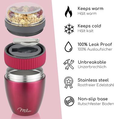 Стаканчик для пластівців Milu 400 мл з назвою MsliMax для йогурту герметичний стаканчик з ложкою (ягідний, нержавіюча сталь)