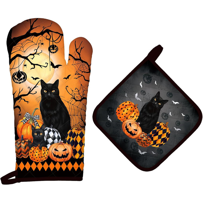 Набір з 2 рукавичок для духовки Arquiel з тримачем для каструлі Gnome Autumn Orange Checked, 100 бавовняні кулінарні рукавички, термостійкі кухонні рукавички для приготування їжі, осінній декор, подарунки для жінок (Хелловін 01, рукавичка для духовки трим