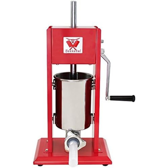 Професійна машина для наповнення гастроковбаси Beeketal &39MT07&39 (7 літрів), протестована SGS, наповнювач для ковбас з 2-швидкісним повністю металевим редуктором і рукояткою, сталевий корпус (пофарбований у червоний колір), включаючи 4 насадки для з