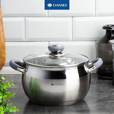 Набор из 3 кастрюль из нержавеющей стали со стеклянными крышками и силиконовыми ручками Modern Daniks