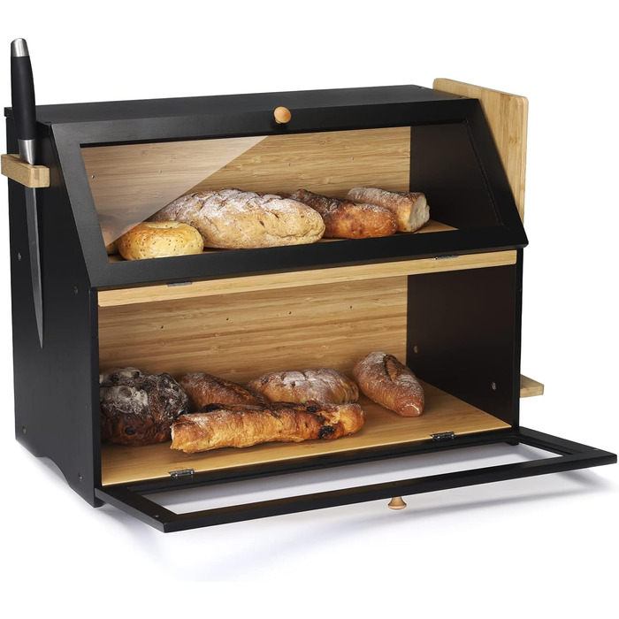 Хлібниця Leader Accessories з бамбука, 2-ярусна, для безпечного зберігання хліба, легкий догляд, 39x25x32 см, чорна (39x25x32 см/15,3&39x9,8&39x12,6&39) (чорна (50x25x37 см/19,7&39x9,8&39x14,5&39))