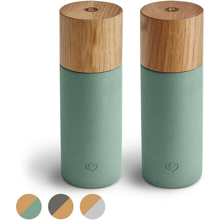 Набір млинів для солі та перцю з 2 та бетону, млин для спецій, млин чилі, регульована керамічна кавомолка, без наповнення, скандинавський дизайн - дуб (м'ята)