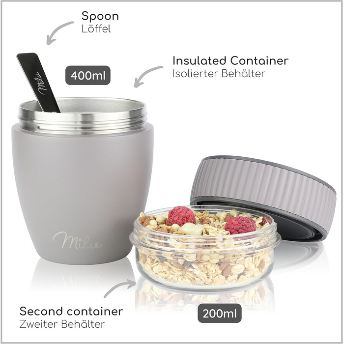 Стаканчик для пластівців Milu на винос 400 мл з назвою MsliMax для йогурту герметичний стаканчик з ложкою (сіро-коричневий, нержавіюча сталь)