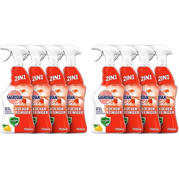 Універсальний засіб для чищення кухні Sagrotan Tangy Lemon дезінфікуючий засіб 2-в-1 для надійного очищення кухонних поверхонь 4 пляшки з розпилювачем по 750 мл (750 мл (8 пляшок))