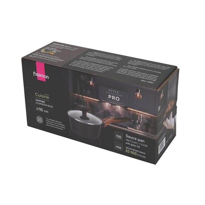 Ковш Fissman 16x7,5 см/1,3 л CUISINE со стеклянной крышкой алюминий с антипригарным покрытием (14591)