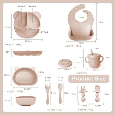 Набір дитячого посуду із силікону, 9 предметів, бежевий Bizcasa