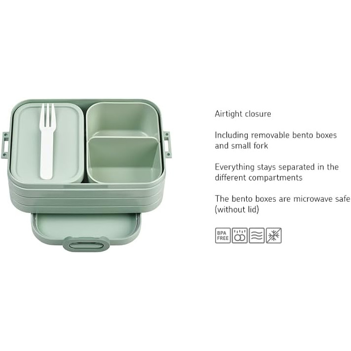 Ланч-бокс з Bento Box - На 4 бутерброди або 8 скибочок хліба - Ланч-бокс для невеликих перекусів і залишків їжі - Ланч-бокс для дорослих - Фуд-бокс з відділеннями - (Nordic Sage, Bento Lunchbox midi TAB)
