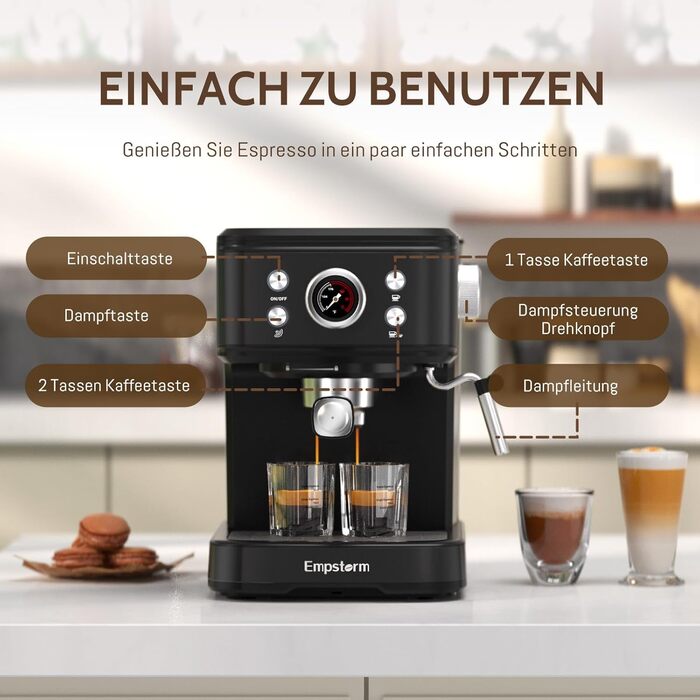 Кавомашина Empstorm з портафільтром для еспресо та піноутворювачем, еспресо-машина на 20 барів з портафільтром, еспресо-машина 2 в 1 для порошку та капсул, резервуар для води 1,5 л, кавоварка з портафільтром, білий (чорний)