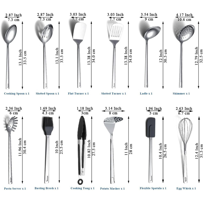 Набір кухонного начиння ReaNea з нержавіючої сталі, 26 предметів, міцний кухонний набір інструментів з гачками, набір металевих лопаток, міцне дзеркально-поліроване кухонне начиння для всіх кулінарних завдань