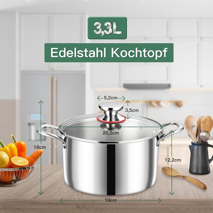 Каструля 3,3 л з нержавіючої сталі зі скляною кришкою 20 см Onader