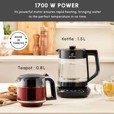 Сталь, хром 1700 Вт, без бисфенола А, стеклянный чайник емкостью 0,8 л, емкость резервуара для воды 1,5 л, подготовка воды Tek Ebat Chrome